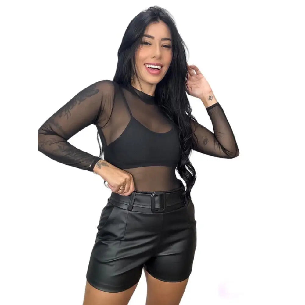Body de Tule Preto Manga Longa Body de Tule Preto
