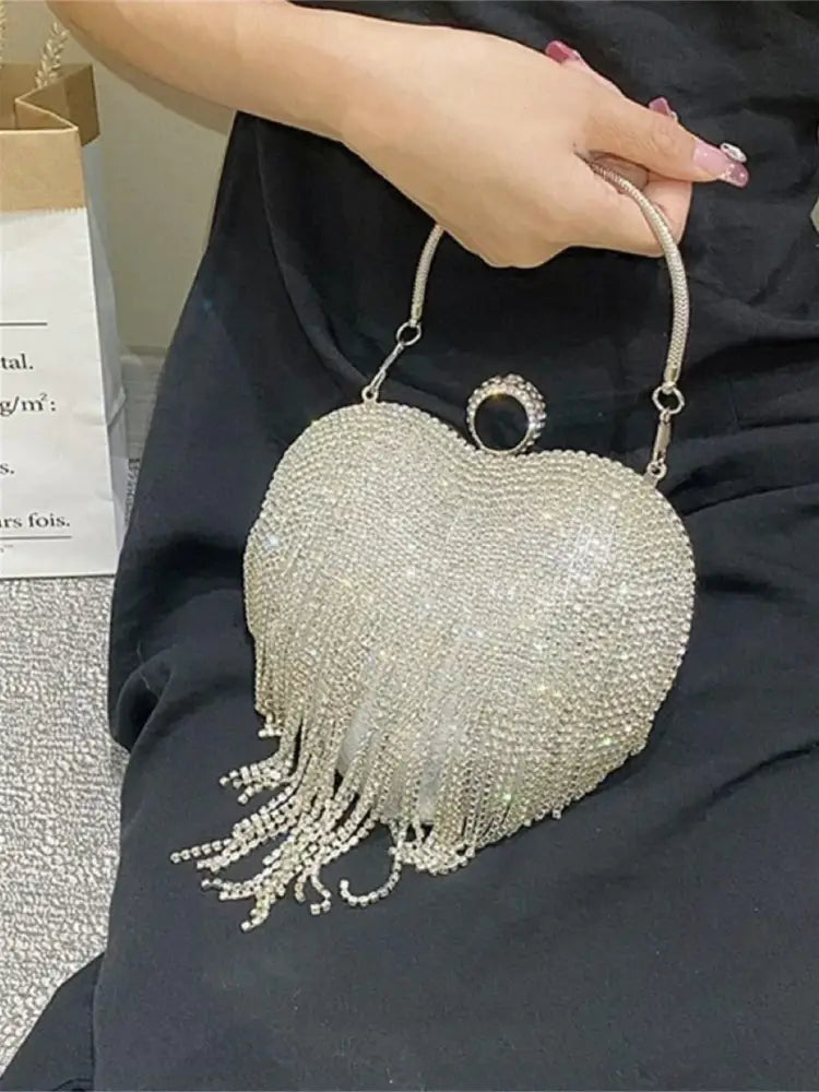 Bolsa de Festa Clutch Coração Strass Prata Bolsa de Festa Clutch Coração Strass