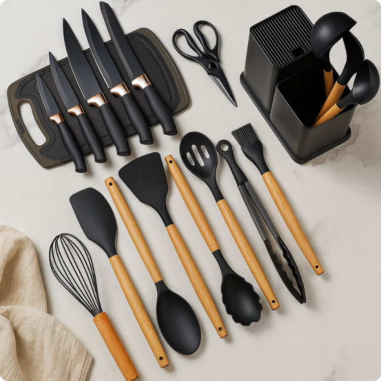 Kit Utensílios de Luxo Para Cozinha 19 Peças Com Tábua em Silicone