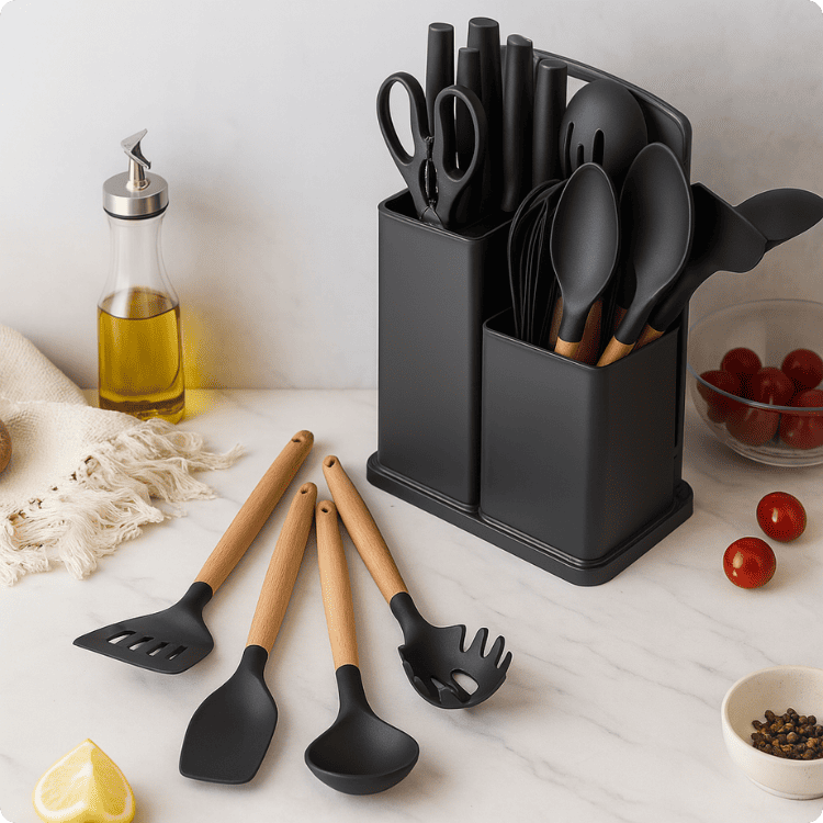Kit Utensílios de Luxo Para Cozinha 19 Peças Com Tábua em Silicone