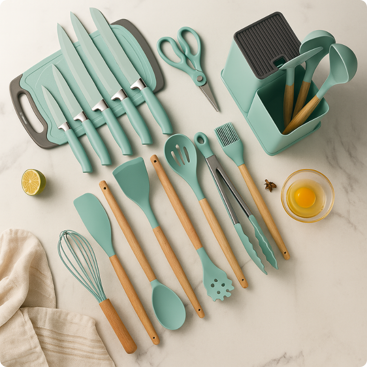 Kit Utensílios de Luxo Para Cozinha 19 Peças Com Tábua em Silicone