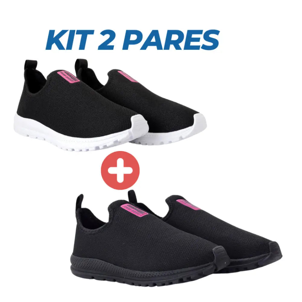 Kit 2 Pares Tênis Calce Fácil Feminino Ortopédico PINK/SOLA BRANCA-PINK/SOLA PRETA / 34 Kit 2 Pares Tênis Calce Fácil