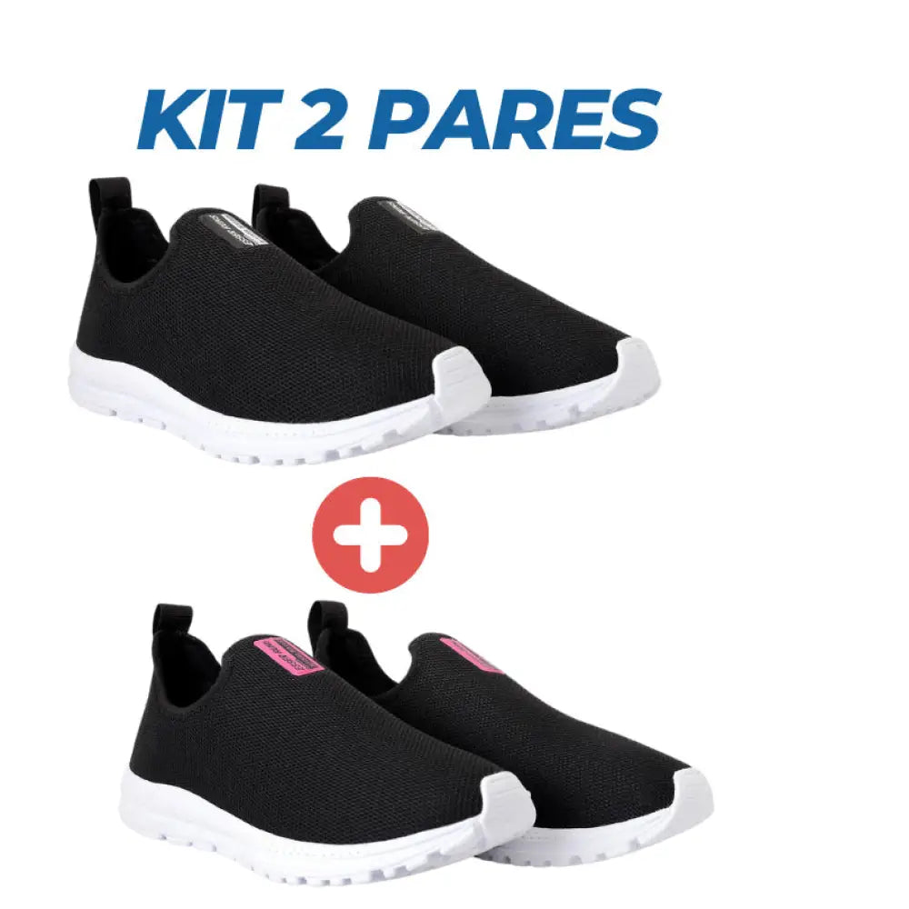 Kit 2 Pares Tênis Calce Fácil Feminino Ortopédico PRETO/SOLA BRANCA-PINK/SOLA BRANCA / 34 Kit 2 Pares Tênis Calce Fácil