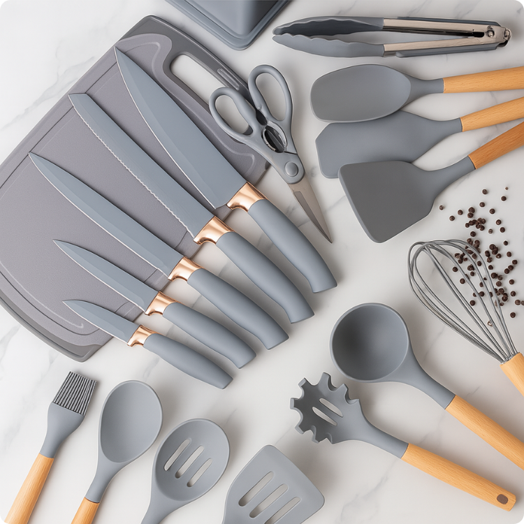 Kit Utensílios de Luxo Para Cozinha 19 Peças Com Tábua em Silicone