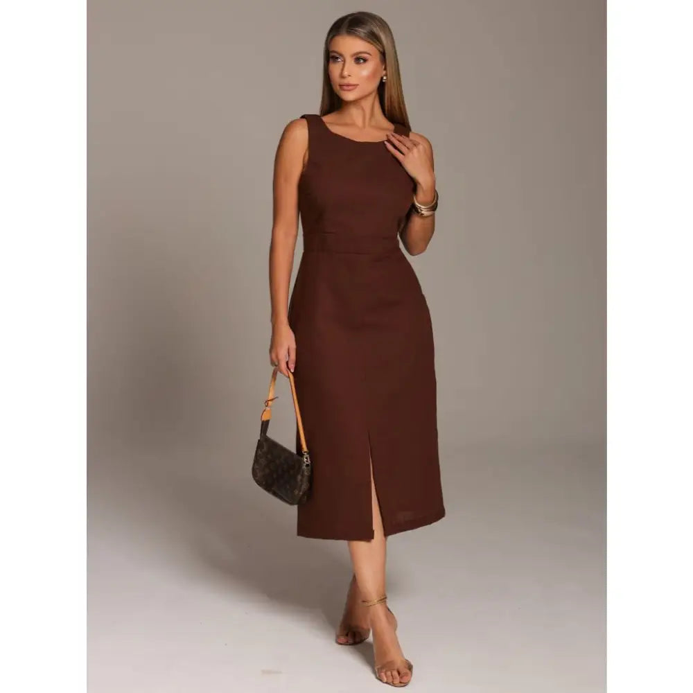 Vestido de Linho Midi Cali MARROM ESCURO / P (38) Vestido De Linho Cali