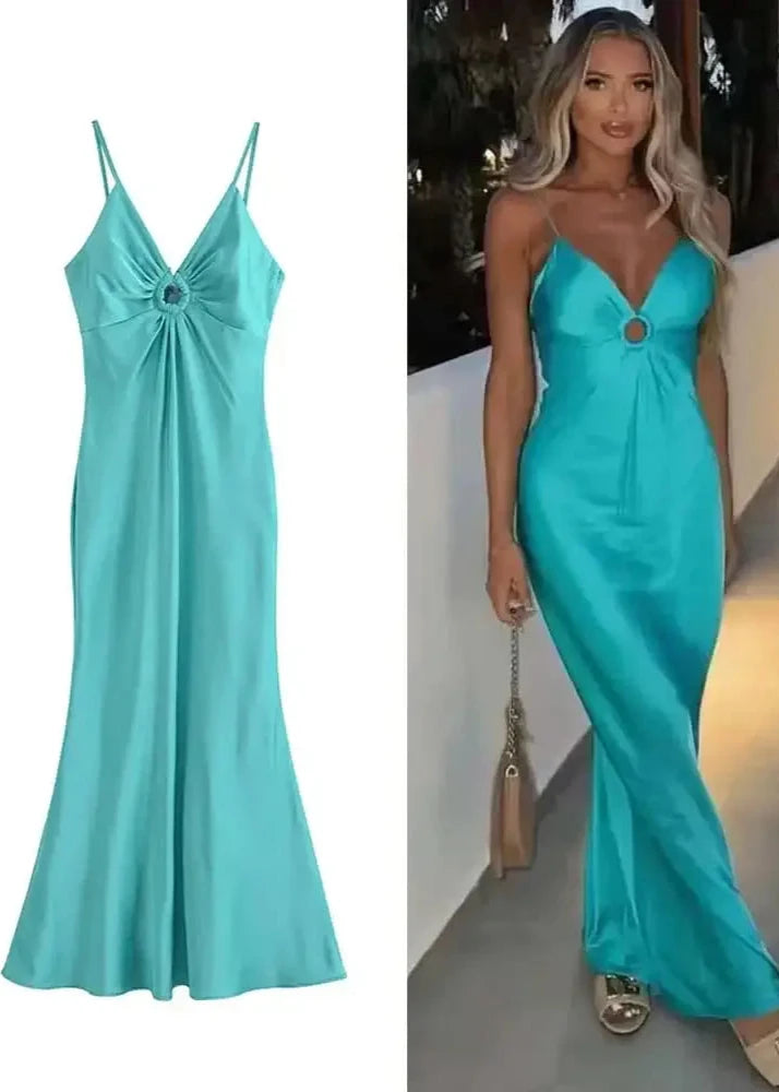 Vestido Midi Cetim Celeste