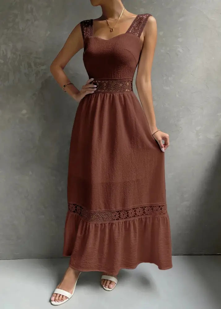 Vestido Longo Com Renda Jolie Marrom / Pp