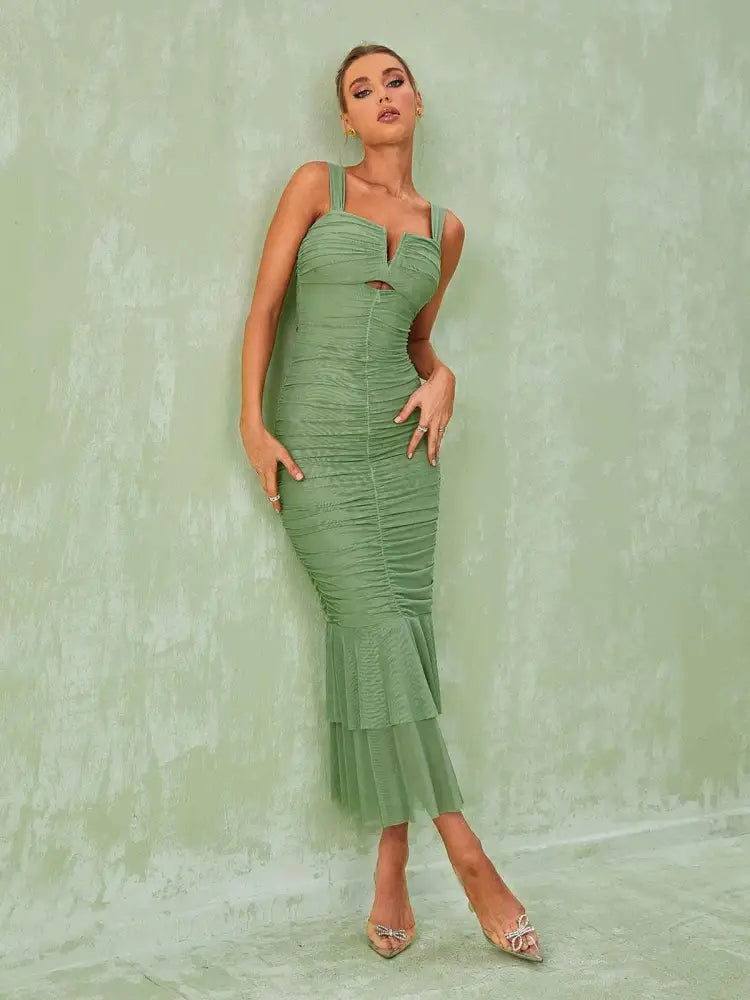 Vestido Midi Drapeado Malone P / Verde Vestido Midi Drapeado Malone