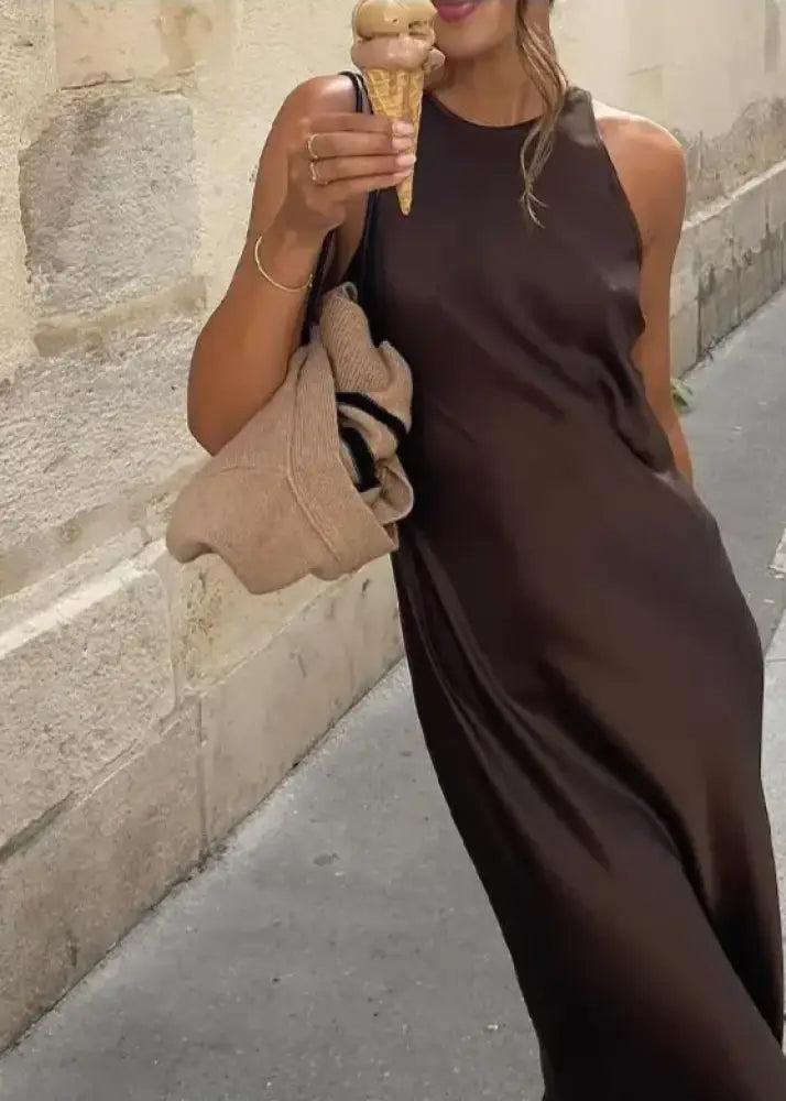 Vestido Midi Elegante Satin Marrom / P Minimalista